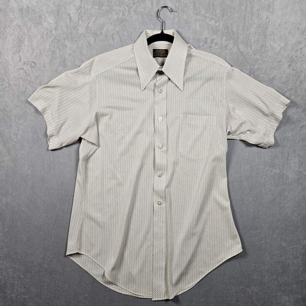 Vintage Sears Knit Dress Shirt Mens L-XL Trim R White Geometric Perma-Prest 70s‎